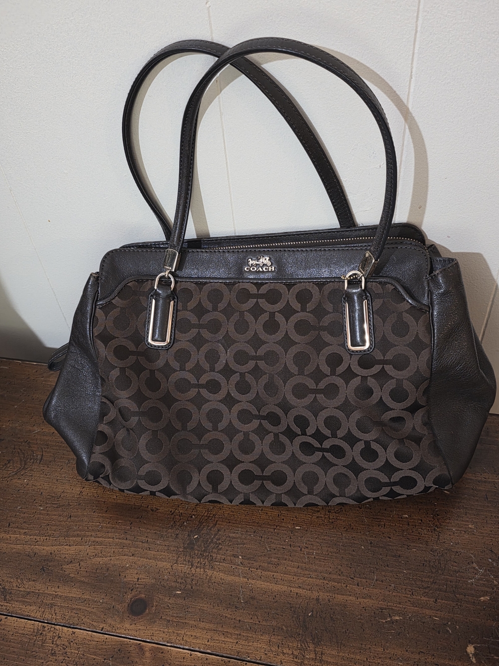 Coach Brown Signature Tote with Dark Leather Trim w matching wallet